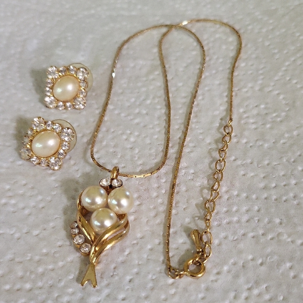 Gold and Pearl Necklace, Earrings